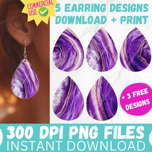 Sublimation Earring Designs PRINTABLE Teardrop Earring PNG Purple Watercolor Agate Digital Collage Sheet Tear Drop Earrings Instant Files image 1