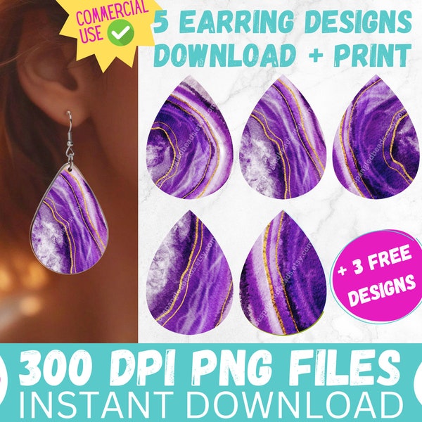 Sublimation Earring Designs PRINTABLE Teardrop Earring PNG Purple Watercolor Agate Digital Collage Sheet Tear Drop Earrings Instant Files
