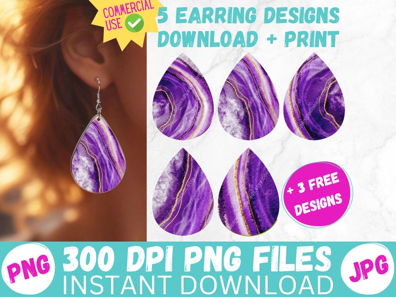 Sublimation Earring Designs PRINTABLE Teardrop Earring PNG Purple Watercolor Agate Digital Collage Sheet Tear Drop Earrings Instant Files image 1