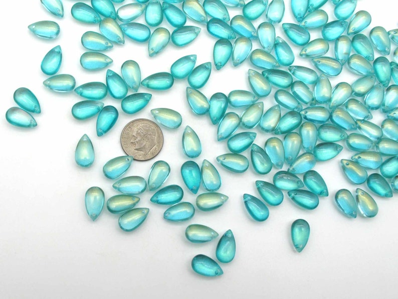 Mermaid Beads Aqua Blue Drops 8x14mm Smooth Glass Teardrop Briolettes, Mermaidcore Iridescent Puffy Drops for DIY Jewelry image 2