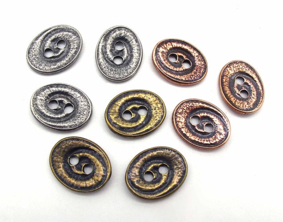 Oval Swirl 2-Hole Metal Buttons Leather Bracelet Clasp TierraCast Antique Brass, Copper, Pewter Hammered Finish 15x19mm ( 3 or 6 pcs)