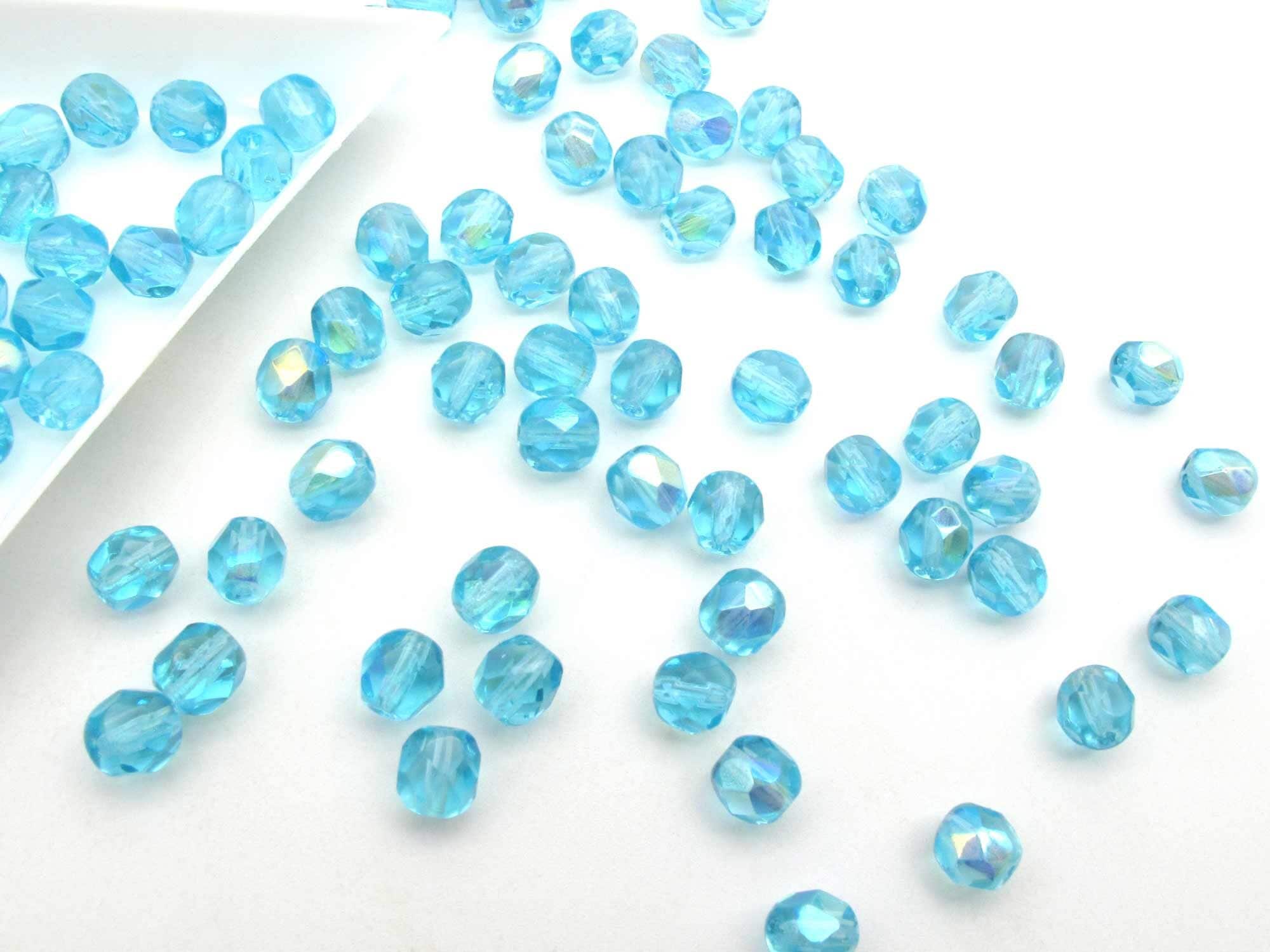 Aqua A/B 4mm 6mm 8mm Czech Glass Beads - Fire Polished Aurora Borealis Round Blue Aquamarine Faceted Beads, Loose Beads 50 - 100 - 600 pcs