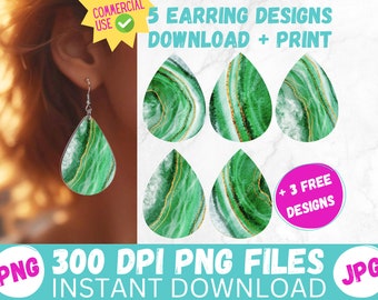 Green Watercolor Agate Sublimation Earring Designs PRINTABLE Teardrop Earring PNG Digital Collage Sheet Tear Drop Earrings DIY Instant Files