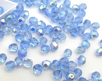 Light Sapphire Blue A/B 6mm or 8mm Czech Glass Beads - Fire Polished Aurora Borealis Round -  Loose Beads 50, 100, or 600 pieces