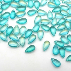 Mermaid Beads Aqua Blue Drops 8x14mm Smooth Glass Teardrop Briolettes, Mermaidcore Iridescent Puffy Drops for DIY Jewelry image 4