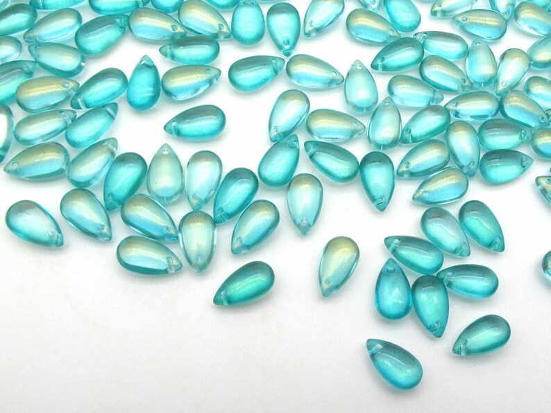 Mermaid Beads Aqua Blue Drops 8x14mm Smooth Glass Teardrop Briolettes, Mermaidcore Iridescent Puffy Drops for DIY Jewelry image 4