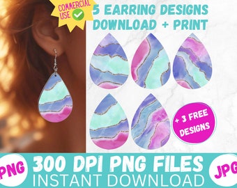 Purple Pink Aqua Marble Earrings Sublimation Designs Multicolor PRINTABLE Teardrop Earring PNG Digital File Tear Drop Earring Instant