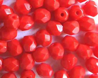 Bright Red 4mm Czech Glass Beads - "Red Coral" Opaque Fire Polished Loose Beads 50 pc ou 100 pc