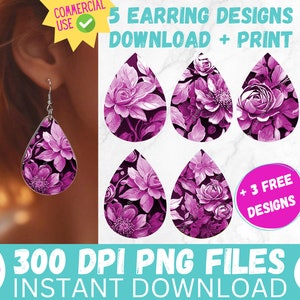 Magenta Spring Flower Earrings Sublimation Designs 3D Florals PRINTABLE Teardrop Earring PNG Digital Collage Sheet Tear Drop Earring Instant image 1