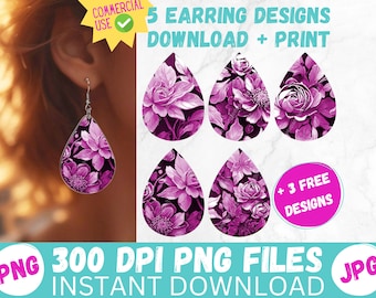 Magenta Spring Flower Earrings Sublimation Designs 3D Florals PRINTABLE Teardrop Earring PNG Digital Collage Sheet Tear Drop Earring Instant