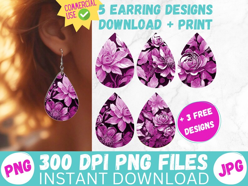 Magenta Spring Flower Earrings Sublimation Designs 3D Florals PRINTABLE Teardrop Earring PNG Digital Collage Sheet Tear Drop Earring Instant image 1