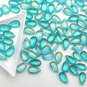 Mermaid Beads Aqua Blue Drops 8x14mm Smooth Glass Teardrop Briolettes, Mermaidcore Iridescent Puffy Drops for DIY Jewelry image 3