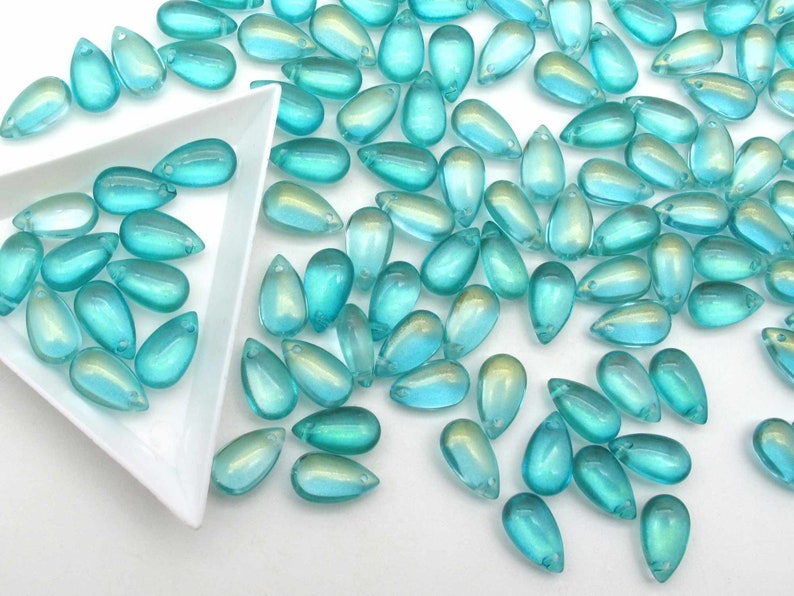 Mermaid Beads Aqua Blue Drops 8x14mm Smooth Glass Teardrop Briolettes, Mermaidcore Iridescent Puffy Drops for DIY Jewelry image 3