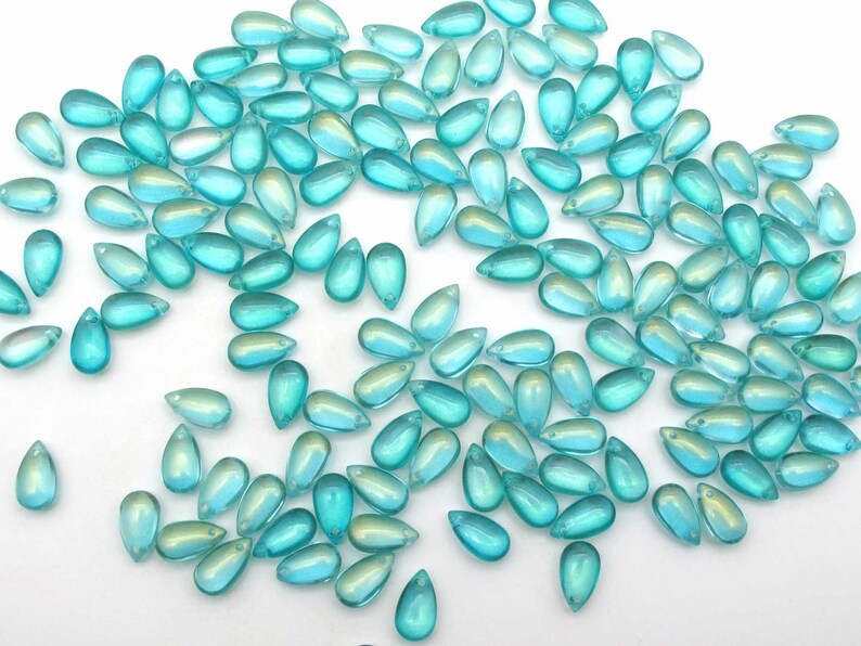 Mermaid Beads Aqua Blue Drops 8x14mm Smooth Glass Teardrop Briolettes, Mermaidcore Iridescent Puffy Drops for DIY Jewelry image 6