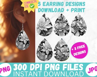 Black and White Grey Florals 3D Sublimation Earring Designs PRINTABLE Teardrop Earring PNG Digital Collage Sheet Tear Drop Earring Instant