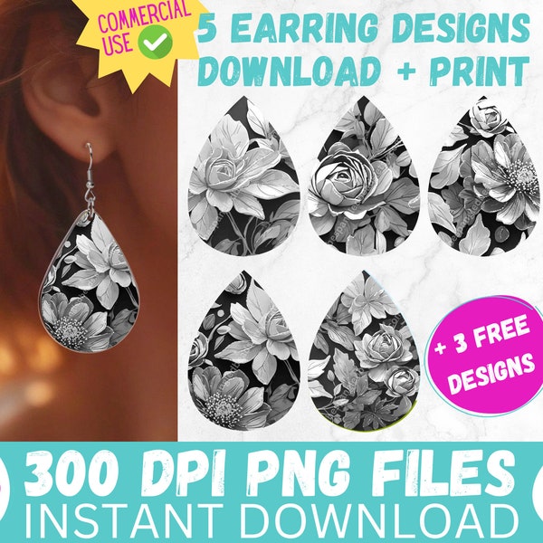 Black and White Grey Florals 3D Sublimation Earring Designs PRINTABLE Teardrop Earring PNG Digital Collage Sheet Tear Drop Earring Instant