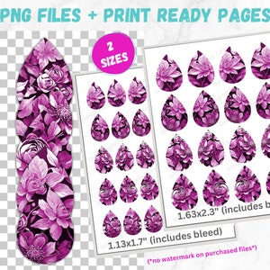 Magenta Spring Flower Earrings Sublimation Designs 3D Florals PRINTABLE Teardrop Earring PNG Digital Collage Sheet Tear Drop Earring Instant image 2