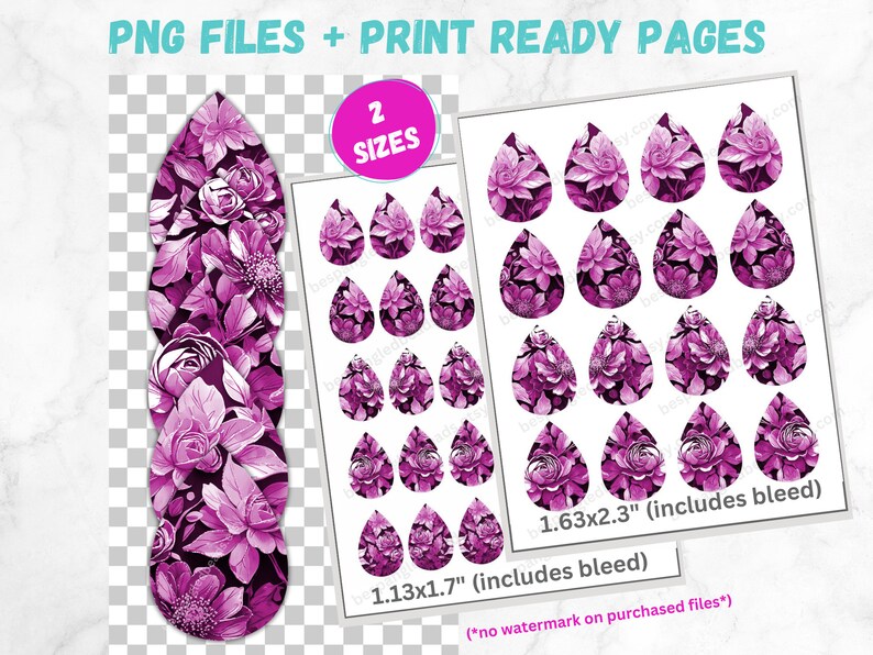 Magenta Spring Flower Earrings Sublimation Designs 3D Florals PRINTABLE Teardrop Earring PNG Digital Collage Sheet Tear Drop Earring Instant image 2