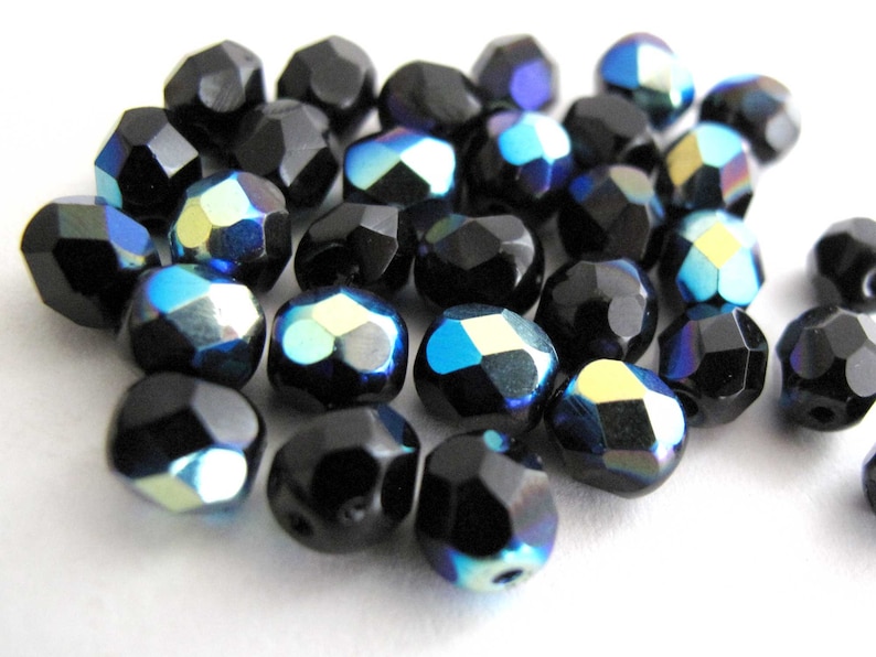 25 Firepolish Czech glass Faceted Round Beads Jet //Black 6mm