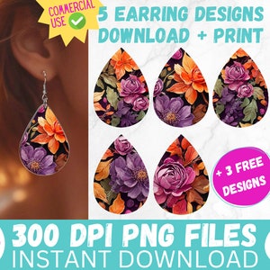 Colorful Florals Sublimation Earring Designs PRINTABLE Teardrop Earring PNG Digital Collage Sheet Tear Drop Earring Instant File image 1