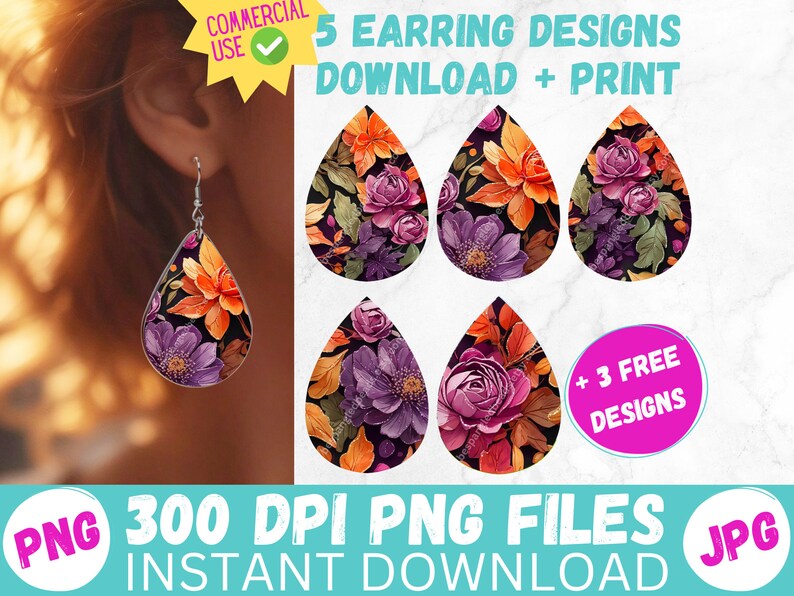 Colorful Florals Sublimation Earring Designs PRINTABLE Teardrop Earring PNG Digital Collage Sheet Tear Drop Earring Instant File image 1