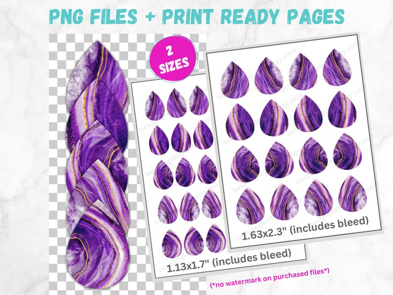 Sublimation Earring Designs PRINTABLE Teardrop Earring PNG Purple Watercolor Agate Digital Collage Sheet Tear Drop Earrings Instant Files image 2