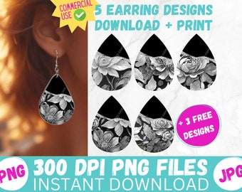 Black White Grey Florals with Silver Glitter Accent PRINTABLE 3D Sublimation Earring Designs Teardrop PNG Digital Tear Drop Earring File