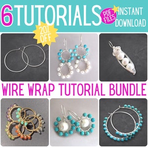 May include: A bundle of six wire wrap earring tutorials. The tutorials include designs with turquoise, pearls, and other beads. The bundle is available for instant download as PDF files.