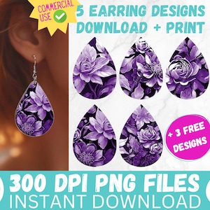 Orecchini fiore di primavera viola sublimazione disegni floreali 3D STAMPABILE orecchino a goccia PNG foglio di collage digitale orecchino a goccia istantaneo