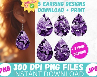 Purple Spring Flower Earrings Sublimation Designs 3D Florals PRINTABLE Teardrop Earring PNG Digital Collage Sheet Tear Drop Earring Instant