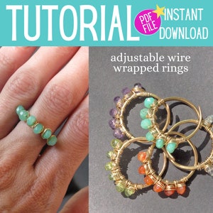 Pu&ograve; includere: Un tutorial PDF per realizzare anelli regolabili con filo avvolto. Il tutorial mostra come realizzare anelli con diverse pietre preziose colorate, tra cui verde, arancione e viola.