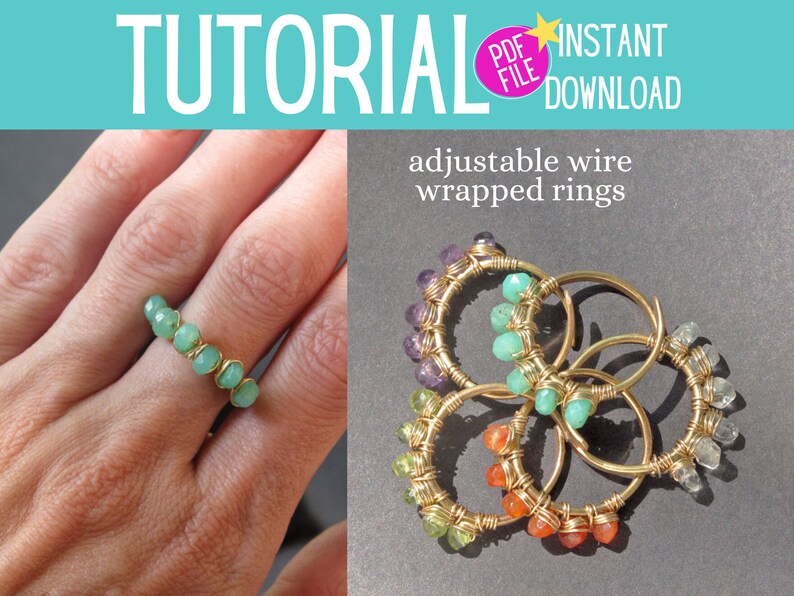 Pu&ograve; includere: Un tutorial PDF per realizzare anelli regolabili con filo avvolto. Il tutorial mostra come realizzare anelli con diverse pietre preziose colorate, tra cui verde, arancione e viola.