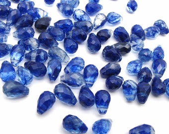 Blueberry Quartz 8x12 mm Cobalt Blue Glass Teardrop Faceted Briolette Beads, Top Drilled Mottled Royal Sapphire Blue Drops