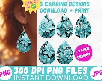 Aqua Spring Flowers Earrings Sublimation Designs 3D Florals PRINTABLE Teardrop Earring PNG Digital Collage Sheet Tear Drop Earring Instant