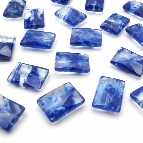 Blueberry Quartz 10x14 mm Cobalt Blue Glass Faceted Rectangle Beads, Mottled Royal Sapphire Blue