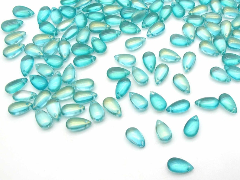 Mermaid Beads Aqua Blue Drops 8x14mm Smooth Glass Teardrop Briolettes, Mermaidcore Iridescent Puffy Drops for DIY Jewelry image 1