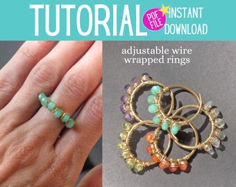 Wire Wrapped Ring Tutorial PDF Adjustable size Gemstone Stack Rings Jewelry Making DIY Wire Wrap Instructional How-To Wire Jewelry Tutorial