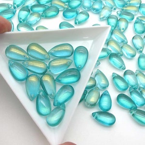 Mermaid Beads Aqua Blue Drops 8x14mm Smooth Glass Teardrop Briolettes, Mermaidcore Iridescent Puffy Drops for DIY Jewelry image 5