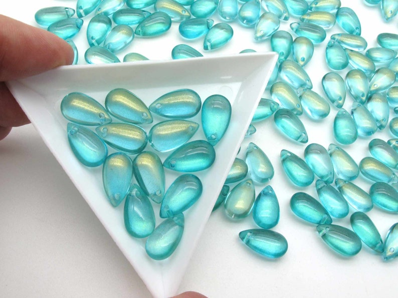 Mermaid Beads Aqua Blue Drops 8x14mm Smooth Glass Teardrop Briolettes, Mermaidcore Iridescent Puffy Drops for DIY Jewelry image 5