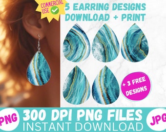 Teal Watercolor Agate Sublimation Earring Designs PRINTABLE Teardrop Earring PNG Digital Collage Sheet Tear Drop Earrings DIY Instant Files