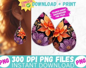 Colorful Spring Floral Sublimation Earring Designs PRINTABLE Teardrop Earring PNG Digital Orange Purple Tear Drop Earring Instant File