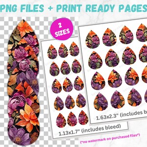 Colorful Florals Sublimation Earring Designs PRINTABLE Teardrop Earring PNG Digital Collage Sheet Tear Drop Earring Instant File image 2