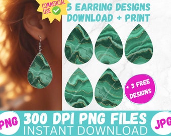 Malachite Green and Gold Marble Sublimation Earring Designs PRINTABLE Teardrop Earring PNG Digital Tear Drop Earrings DIY Instant Files