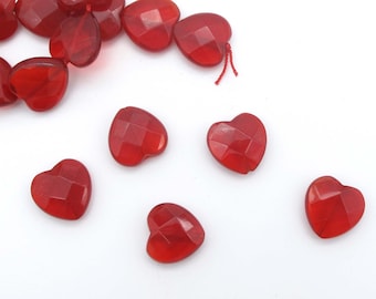 Red Heart Beads 14 mm Faceted Quartz Glass Beads for Necklaces and Earrings - 6 pc, 10 pc, 20 pc