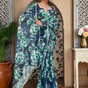 Beautiful Navy Blue Floral Printed Georgette Saree With Blouse, Elegant Indian Saree, Event Wear Saree, Party Saree