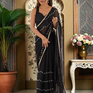 Majestic Black Chiffon Beads Work Saree With Blouse, Elegant Indian Party Wear Saree, Wedding Guest Saree, Evening & Festive Ethnic Wear