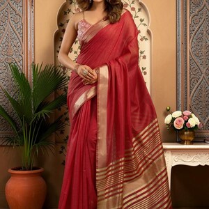 Red Cotton Saree with Zari Work, Indian Wedding Saree, Red Festival Saree, Traditional Ethnic Saree with Blouse, Elegant Party Wear