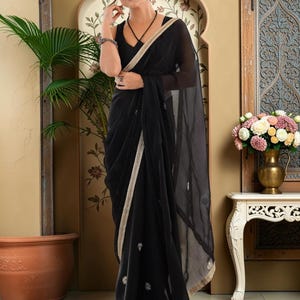 Black Silk Sequins Saree With Blouse, Elegant Indian Party Saree, Black Wedding Saree, Ceremonial Wear Saree, Traditional Ethnic Saree