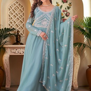 Sky Blue Georgette Gown with Sequins, Beads & Thread Embroidery, Matching Dupatta, 8 Meter Flair, Wedding Engagement Party Dress