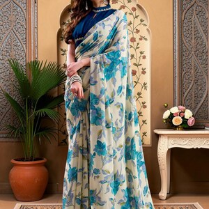 Sky Blue Floral Satin Saree, Blue Printed Saree With Blouse, Elegant Indian Saree, Casual Wear Saree, Party Outfit, Floral Designer Saree